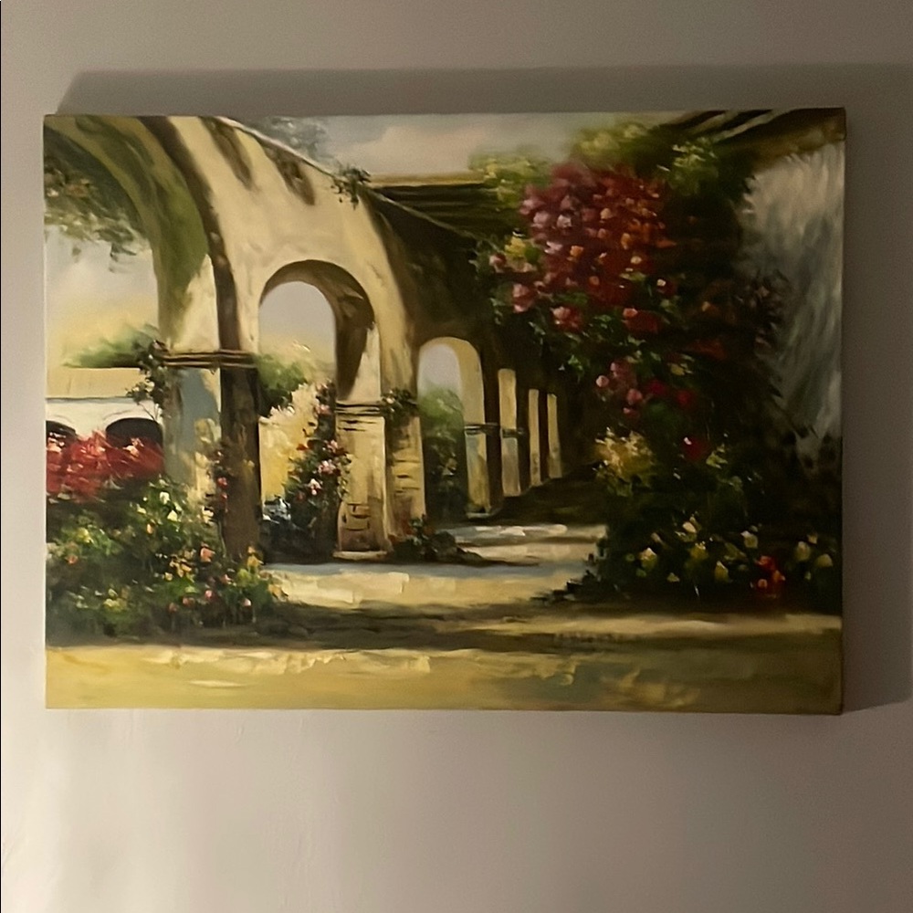 Green and Red Mediterranean Colonnade Painting